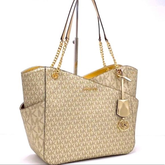 MICHAEL KORS LARGE X CHAIN SHOULDER TOTE BAG PALE GOLD COLOR - Picture 1 of 16